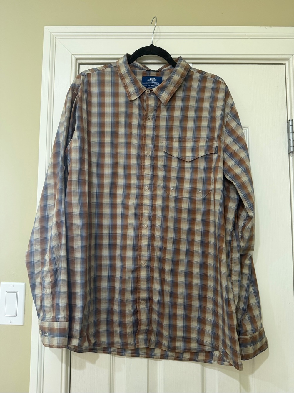AFTCO Brown and Blue Plaid Long-Sleeve Button-Down Shirt